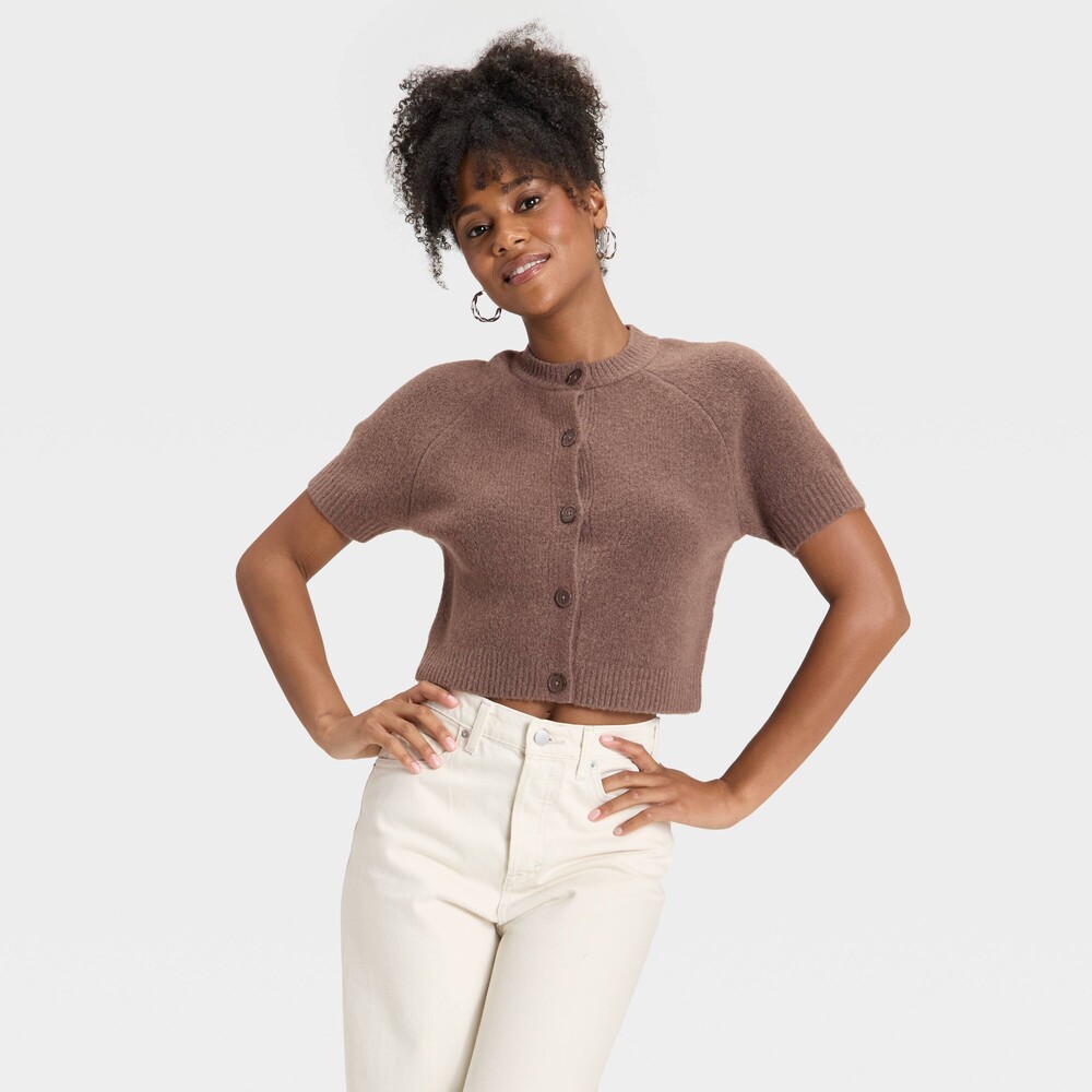Button-Down Short Sleeve Cardigan - Brown XL
